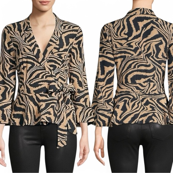 GANNI | Tiger-Print Wrap Blouse | Long Sleeve Tie Waist Tan Black  Top | 36 US 4 - Picture 8 of 8